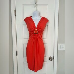 Cache Orange Ruched Sheath Dress with Plunge Neckline